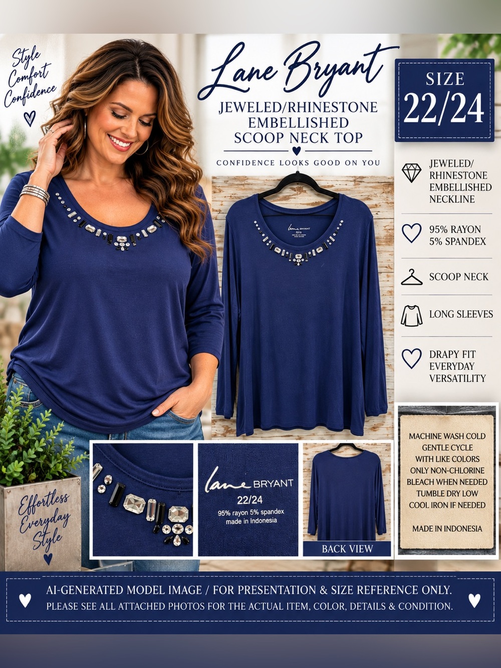 Lane Bryant Indigo Blue Rhinestone Embellished Scoop Neck Top 22/24